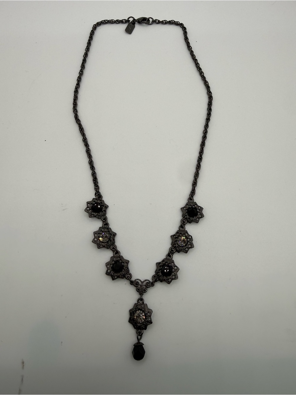 1928 Jewelry Black Clear Crystal Victorian Y Drop Necklace 17”